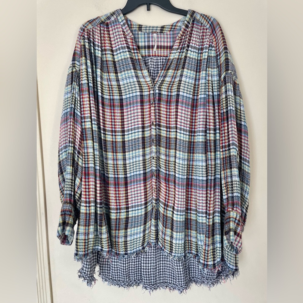 Free People Plaid Shirt Tunic Boho Oversized - Size M - EUC